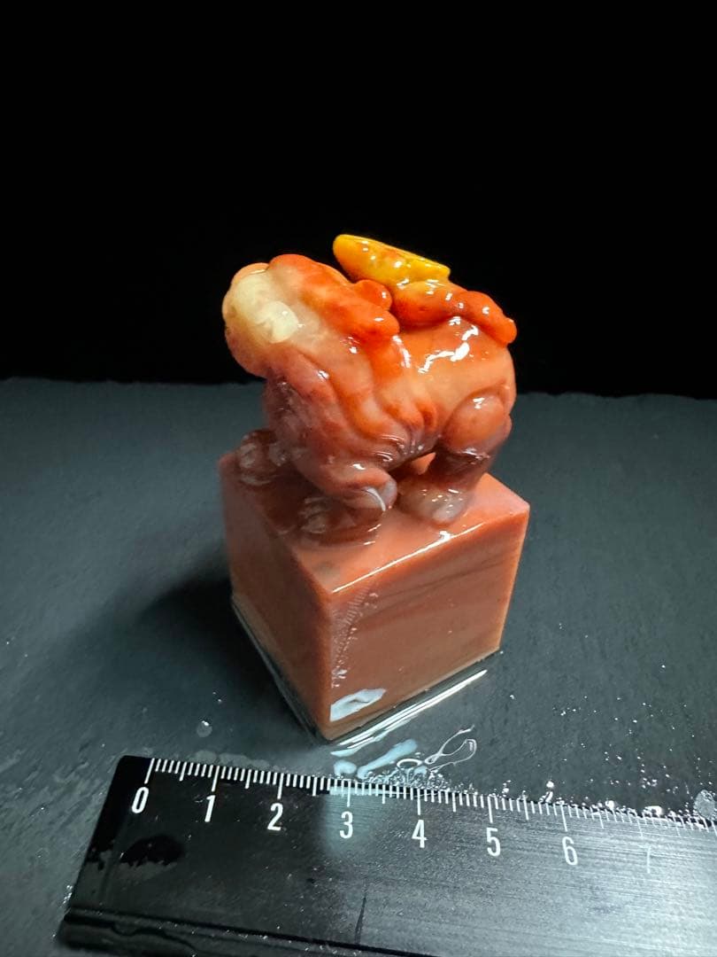 35寿山石　印材　 瑞獣献芝　紅石　大印面　篆刻　落款　雅号　書道　箱付き