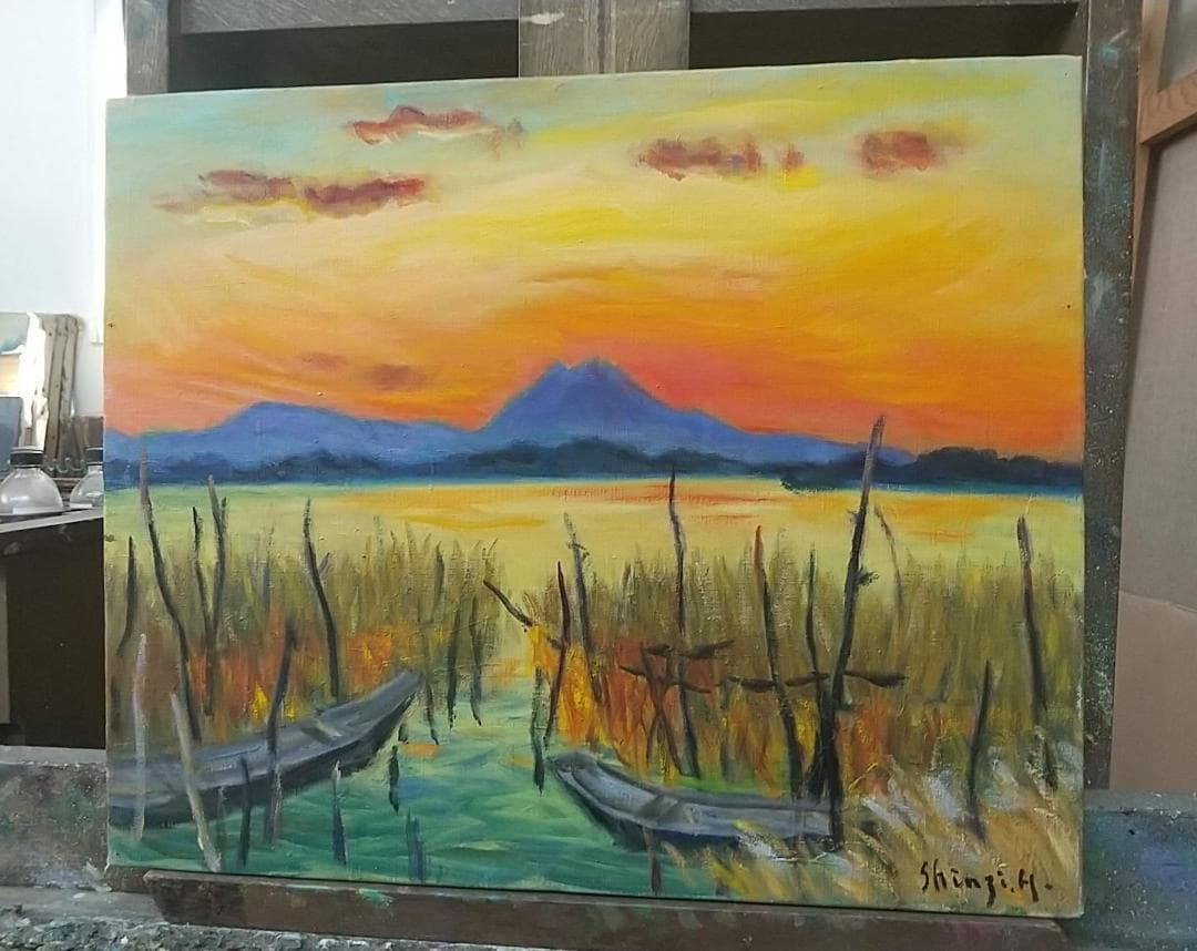 F8 絵画　油絵「水郷風景」1982