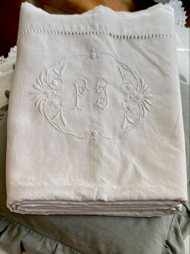 ◆フランスアンティーク｜美品手刺繍イニシャル大判リネンシーツ白マルチクロス布生地