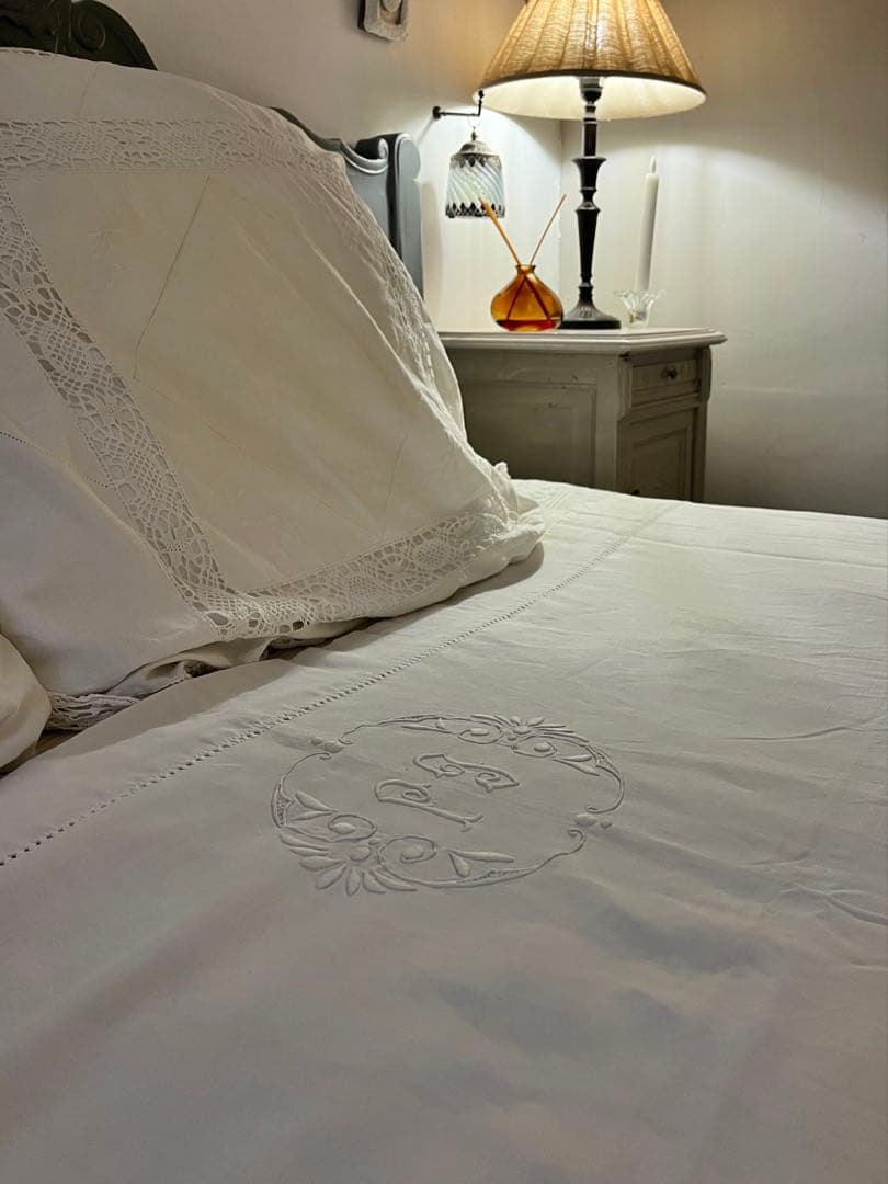 ◆フランスアンティーク｜美品手刺繍イニシャル大判リネンシーツ白マルチクロス布生地
