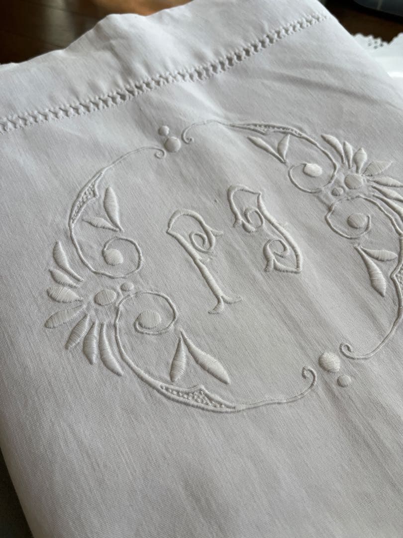 ◆フランスアンティーク｜美品手刺繍イニシャル大判リネンシーツ白マルチクロス布生地