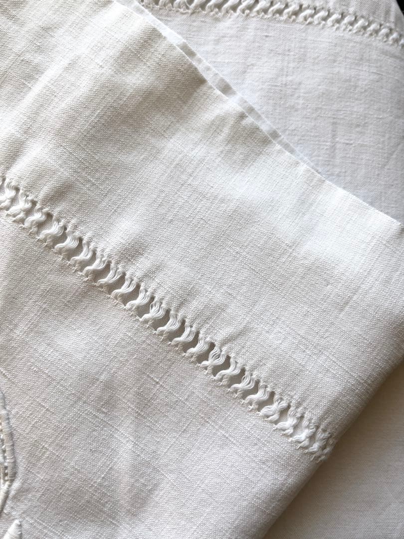 ◆フランスアンティーク｜美品手刺繍イニシャル大判リネンシーツ白マルチクロス布生地