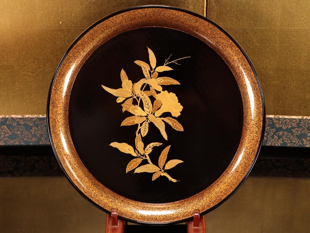 BJ417 時代輪島塗 図替草花金蒔絵 四客 吸物盆 菓子盆 丸盆 大聖寺 梨地