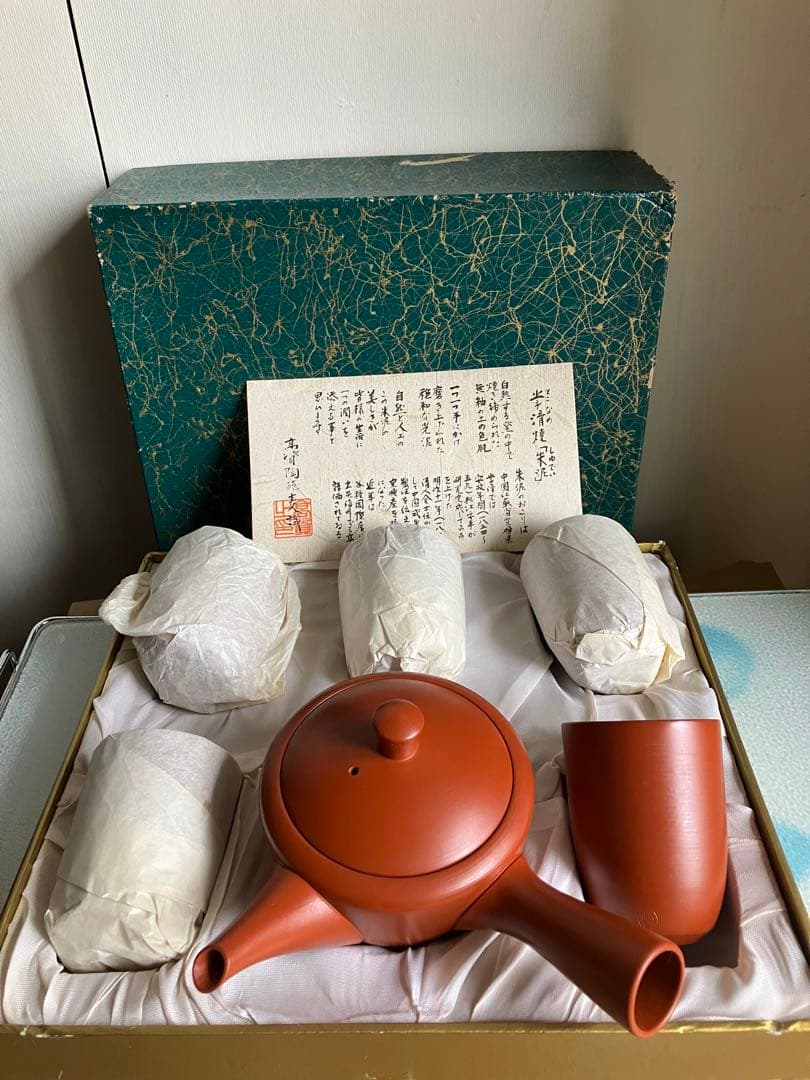 昭和レトロ　高級　常滑焼　高資　急須1&5客茶碗　セット　未使用品　箱あり 朱泥