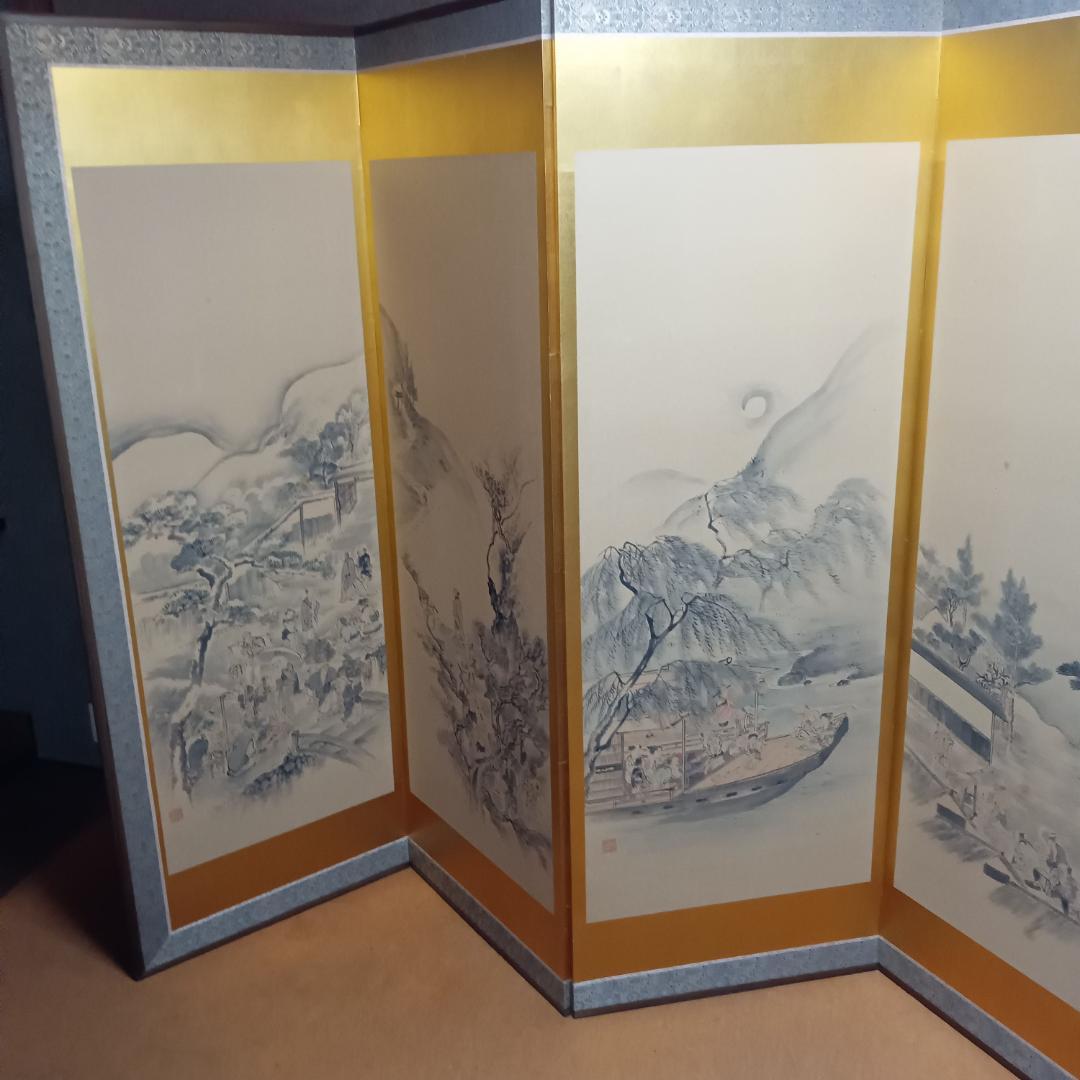 江戸時代風俗図　水墨画＆金屏風セット(175x60cm)X六曲X３枚
