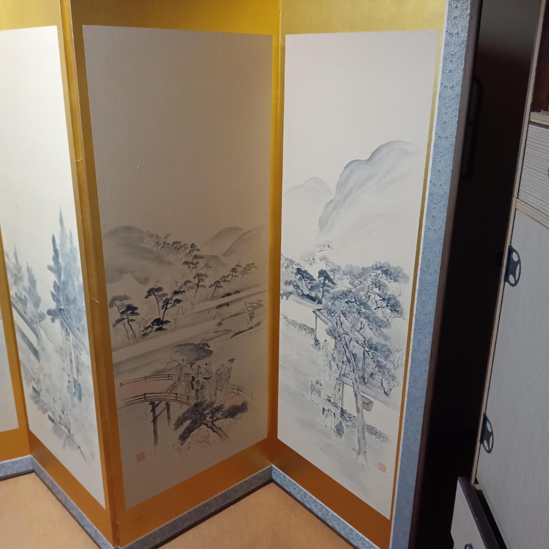 江戸時代風俗図　水墨画＆金屏風セット(175x60cm)X六曲X３枚