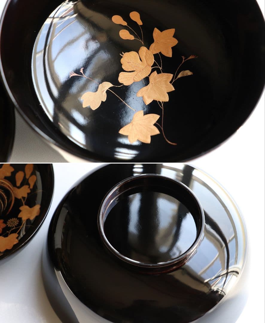 CL31 輪島塗 諫鼓鶏金蒔絵 黒塗椀 二客 木製漆器 鶏 太鼓 草花 梨地