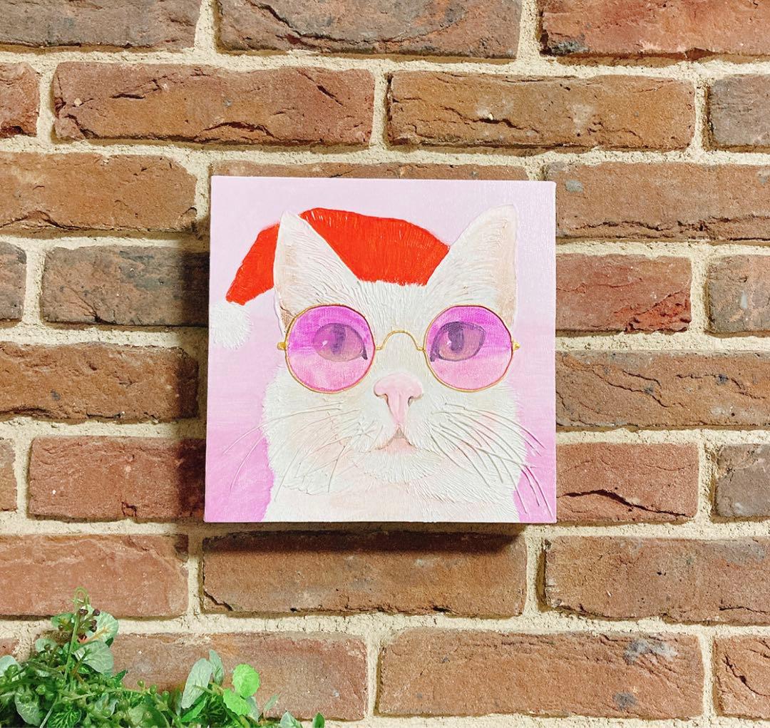 サンタネコ　　油絵　アーティスト作品