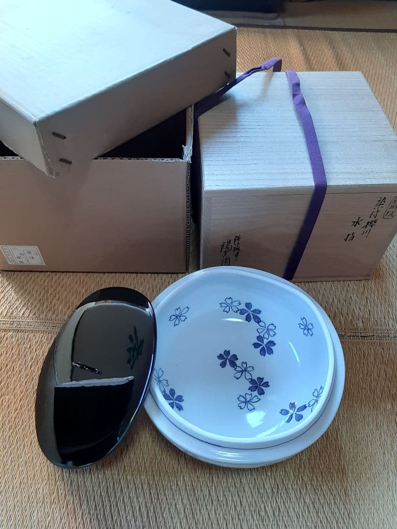 茶道具　染付　桜川　櫻川　水指　共箱　膳所焼　五角　水差　水入れ　岩崎新定