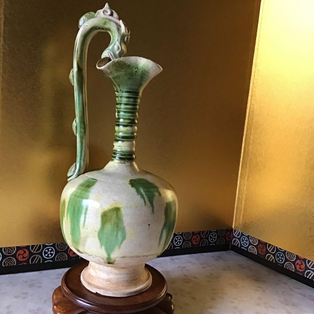 時代　唐綠黄秞竜耳瓶　中国