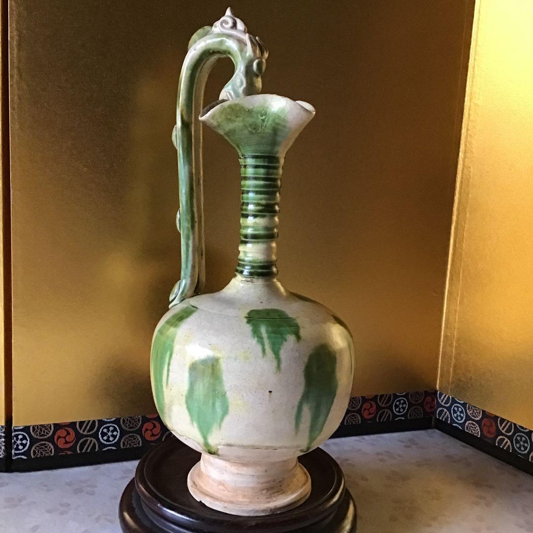 時代　唐綠黄秞竜耳瓶　中国