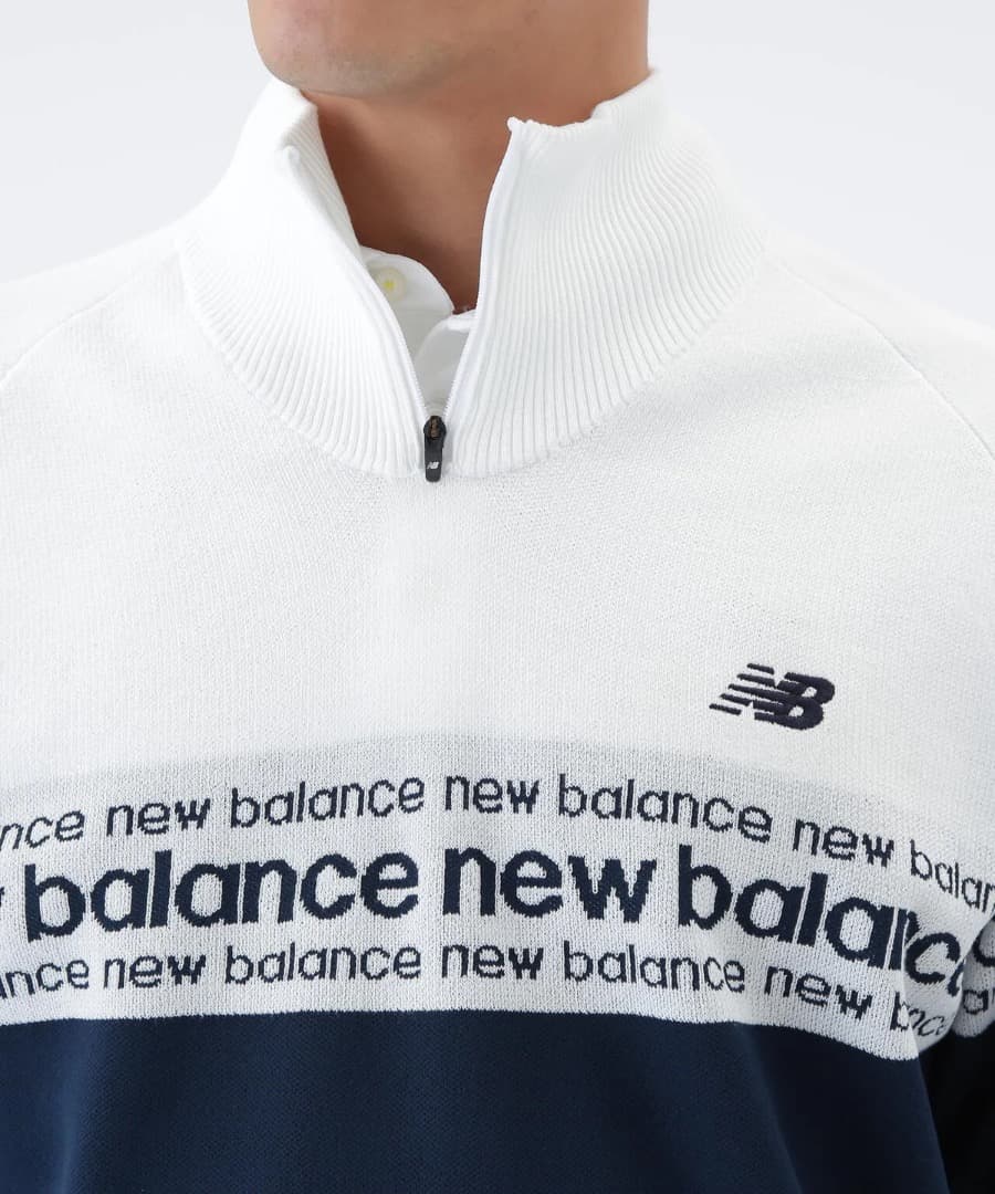 NewBalance ロゴライン軽量ハーフジップ スタンド ニット プルオーバー
