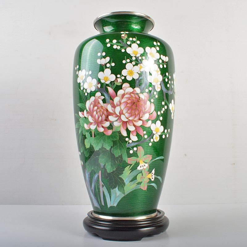 七宝焼　相互七宝造　緑光釉四君子文　七宝花瓶　唐木台付　共箱　D　R6973B