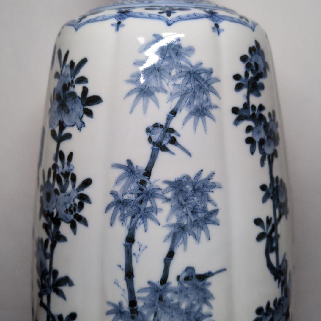 山本長左 作 九谷焼 青華 吉祥樹花紋 花瓶 「雅(みやび)」高さ約37cm