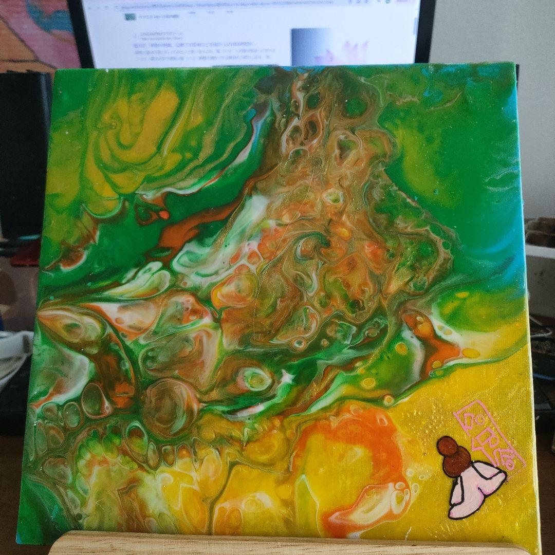 瞑想少女#流体 アクリル絵画 緑とオレンジの抽象