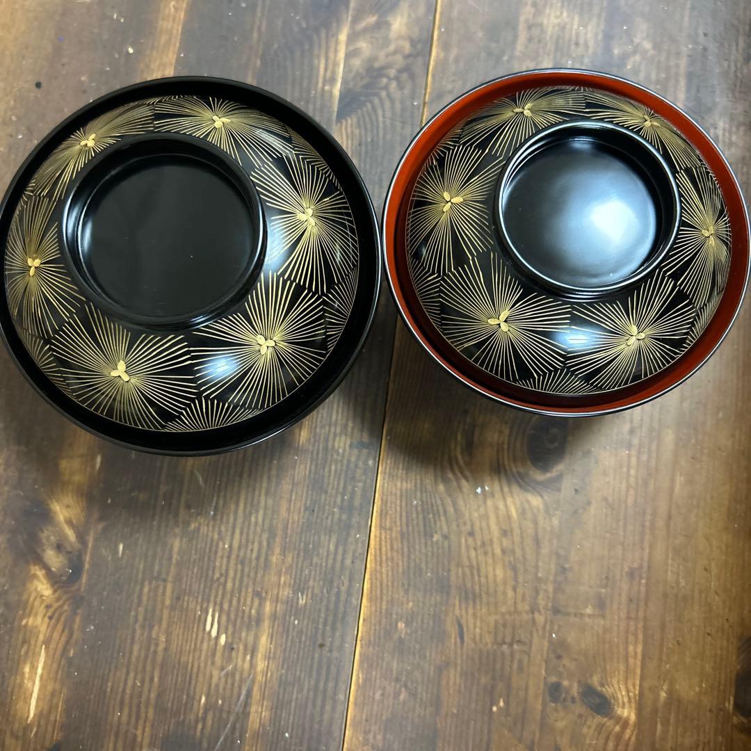 輪島塗　高級漆器　黒塗沈金亀甲松文　濱崎重男　浜崎重男　夫婦椀　伝統工芸品　希少