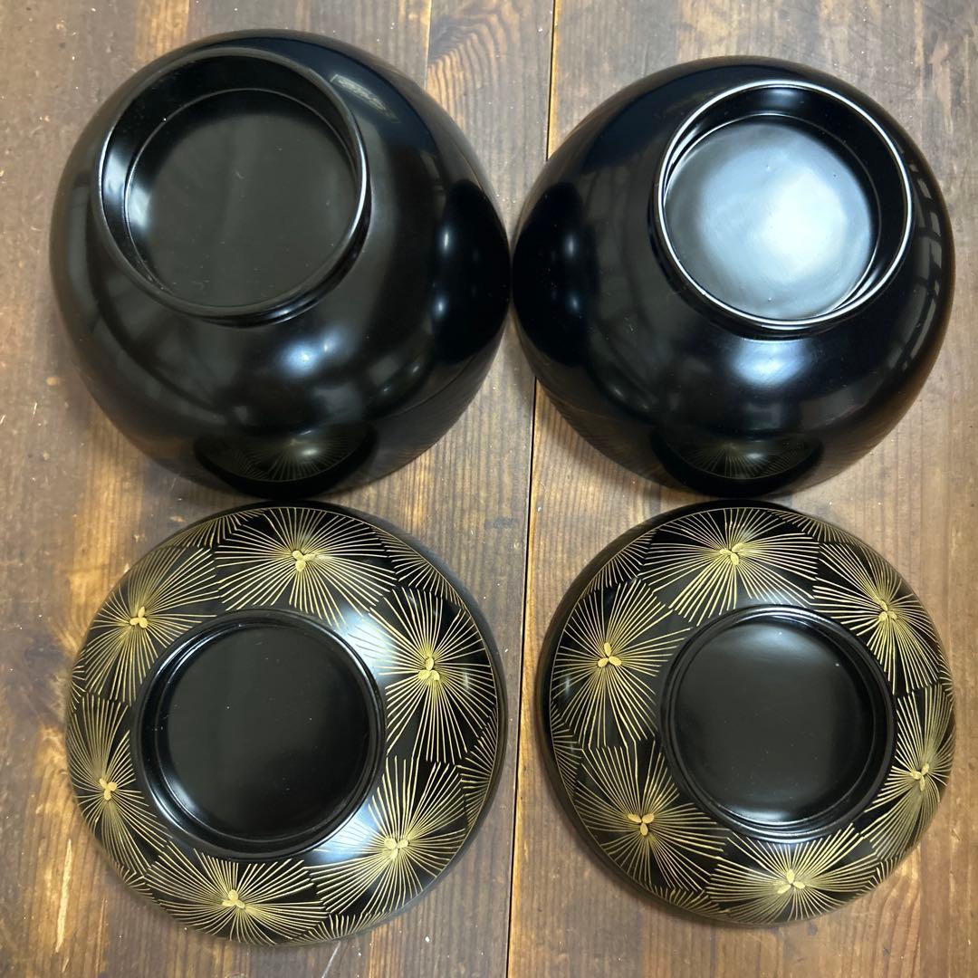 輪島塗　高級漆器　黒塗沈金亀甲松文　濱崎重男　浜崎重男　夫婦椀　伝統工芸品　希少