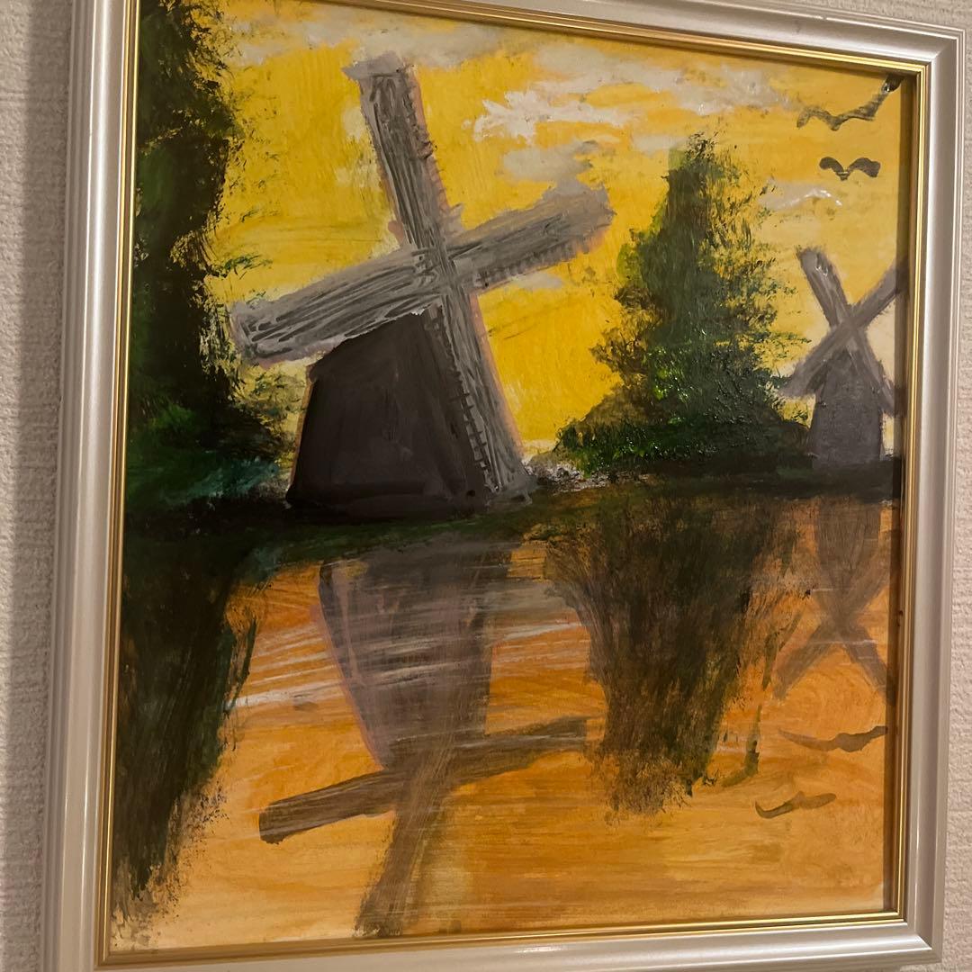 風車と水面の反射 水彩画27cm24cm