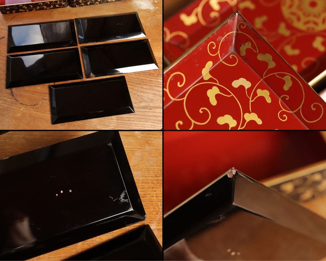 井上鷹の羽家紋　野弁当一式　時代漆芸　漆塗　金蒔絵　唐草　木製　提重