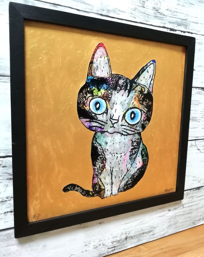 額付き銅版画応用絵画　「ひらめき猫」