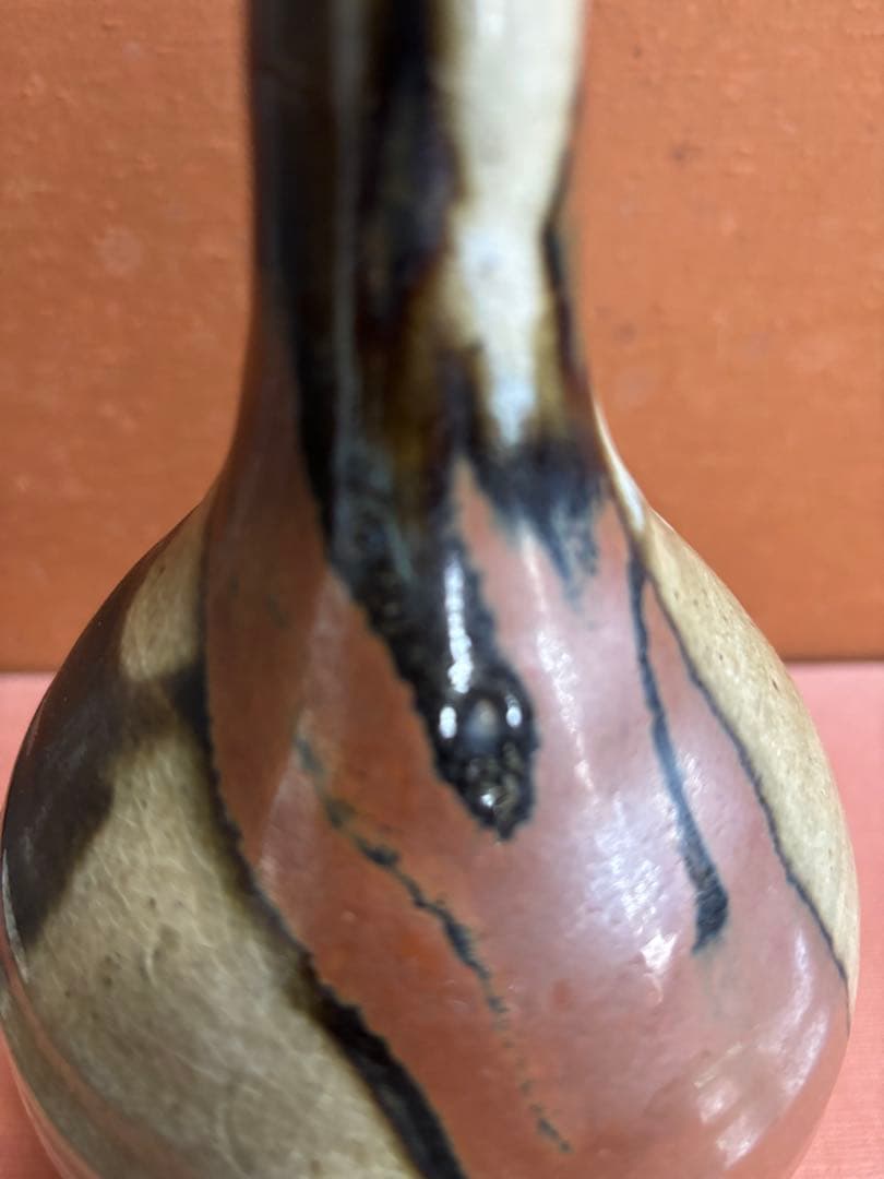 やまちゃん河井寛次郎作柿緑白釉鶴首瓶鉄釉高台盃台二客検森の初春に捧ぐ