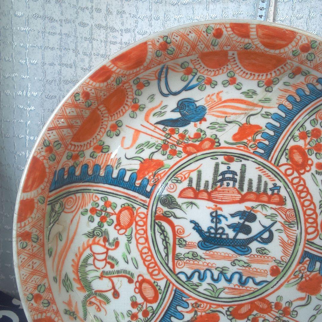 骨董６ 中国？ ひび直しあります注意多色花模様の陶器皿