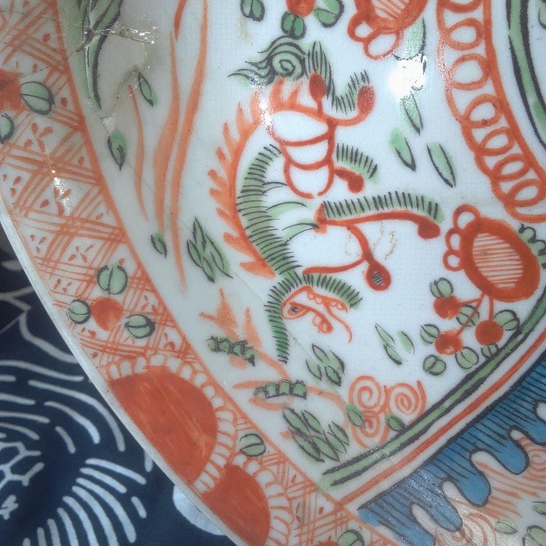 骨董６ 中国？ ひび直しあります注意多色花模様の陶器皿