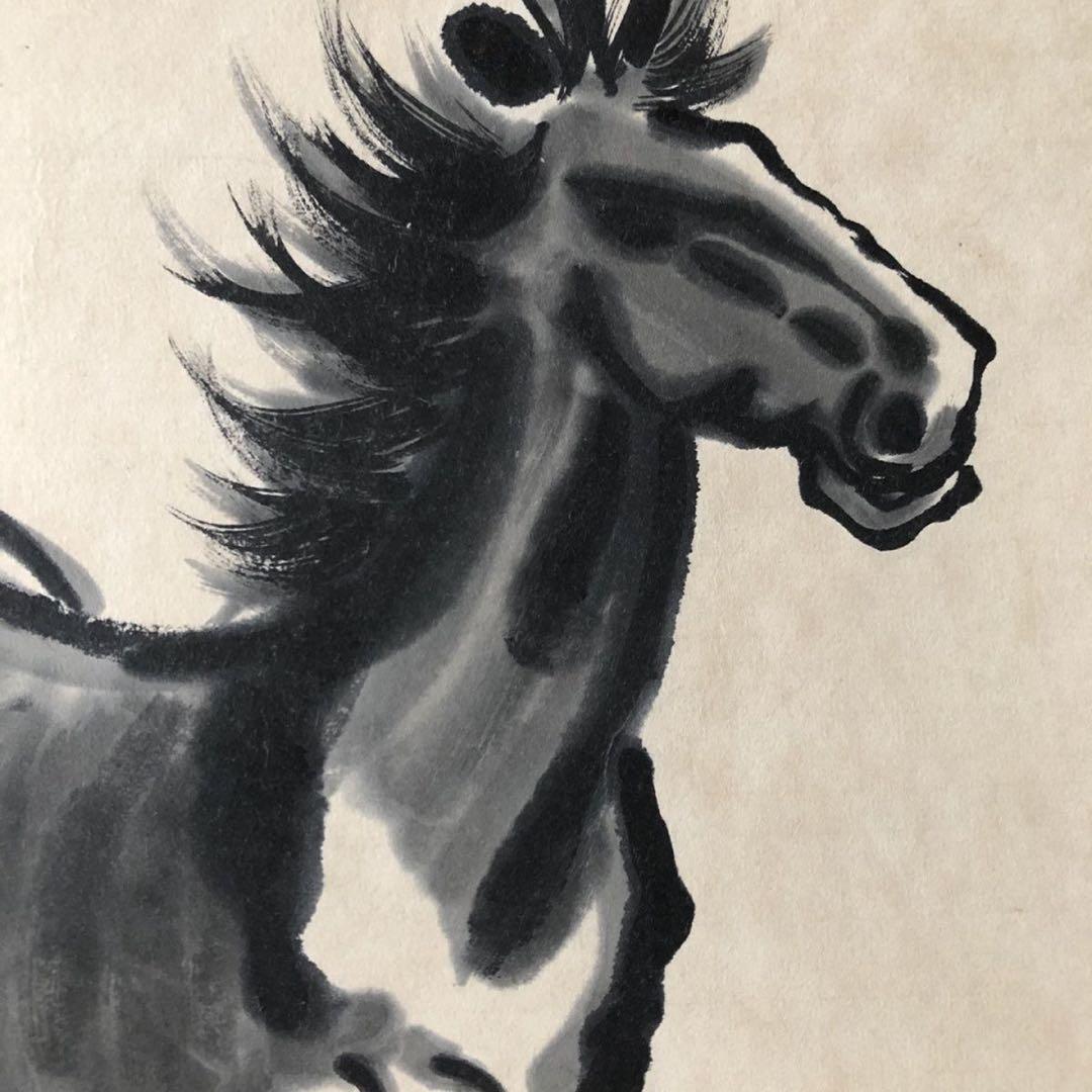 中国美術 掛け軸 徐悲鸿風 馬図 手描き 水墨画 三尺 雑誌付き 床の間