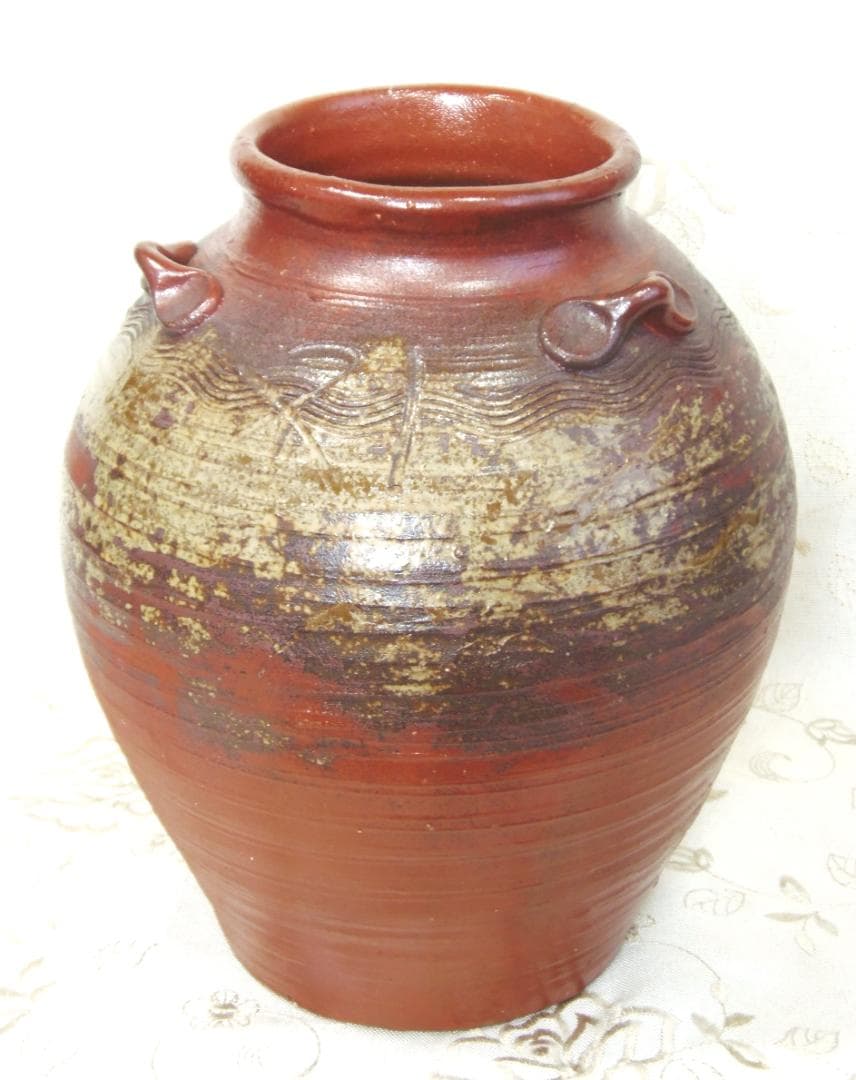 安土桃山時代の陶印 備前焼 古備前 三耳茶壺 花瓶 骨董 花器 和風