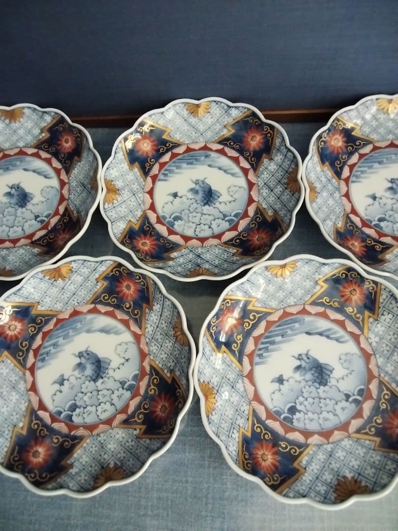 献上手書き伊万里焼　五寸皿　登り鯉　５枚