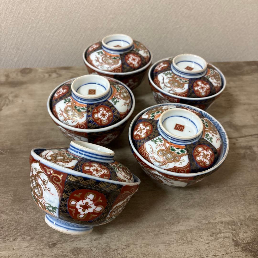 古伊万里　色絵染付間取　金襴手　丼　5客　蓋付碗　アンティーク　骨董　明治〜大正