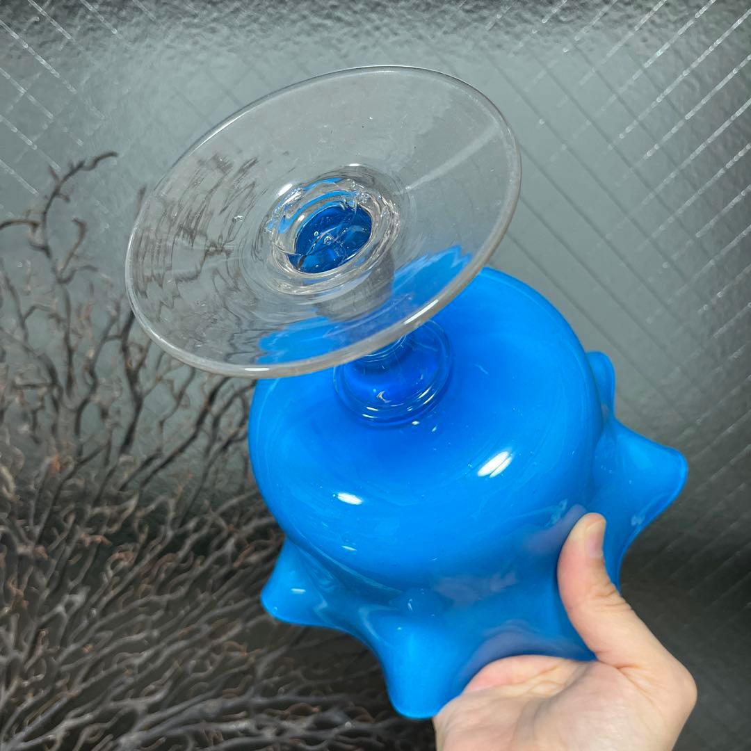 骨董　時代ガラス　希少３色　ピンク色暈し　フリル　盃洗　コンポート　ウラン １客