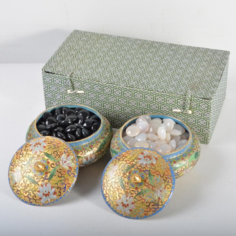 囲碁　碁石　瑪瑙碁石　古七宝琺瑯彩　碁笥　一套　G　R4565