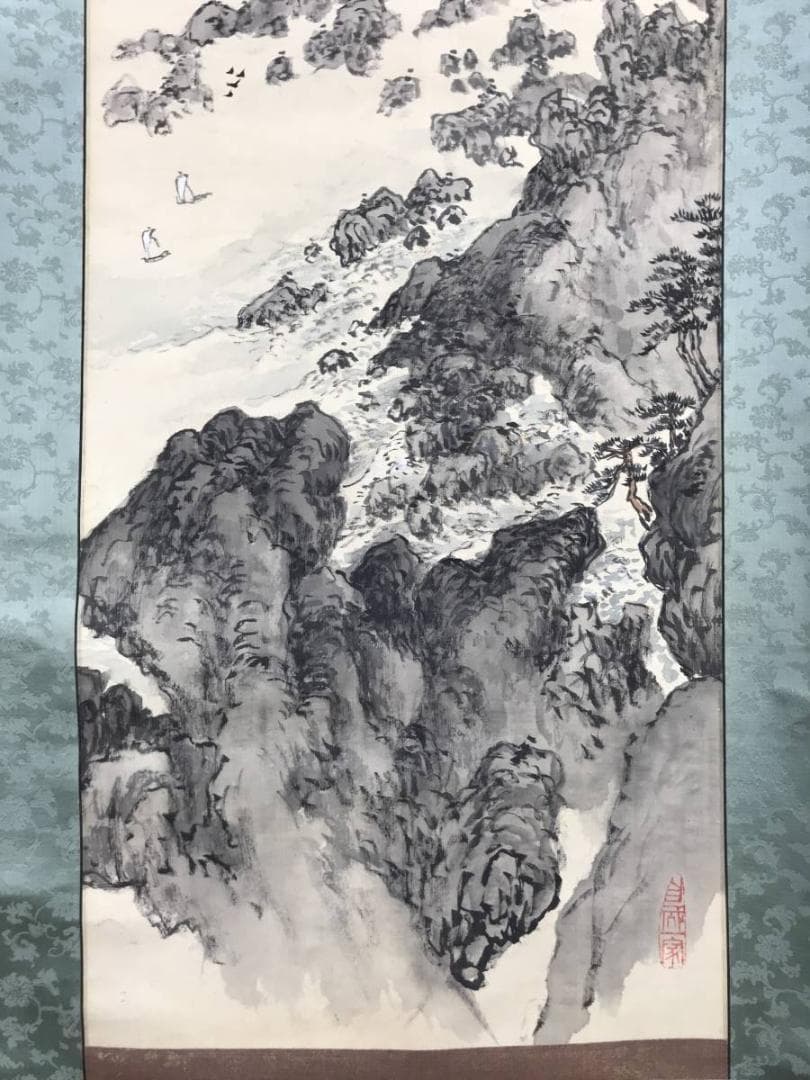 【真作】若狭物外/室戸岬画賛/山水図/掛軸/名家伝来/AC-600