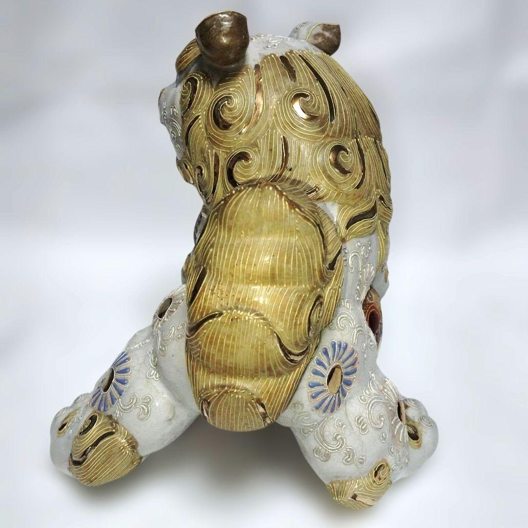 玉乗り白獅子 置物 狛犬 縁起物 魔除け 開運 レトロ 九谷焼 骨董 古美術