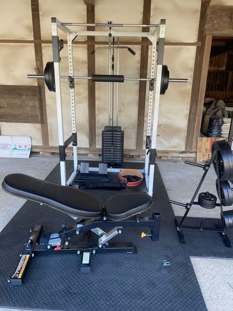 【ホームジム一式】スタック付パワーラック/ベンチ/シャフト/プレート/その他