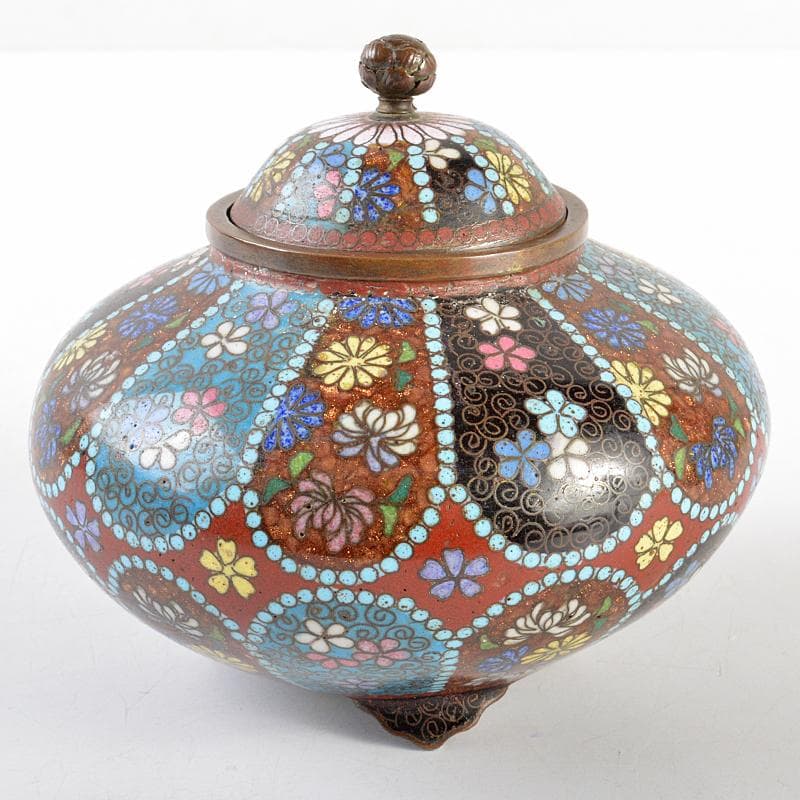 中国　古七宝琺瑯彩　花文　蓋物　D　R5798