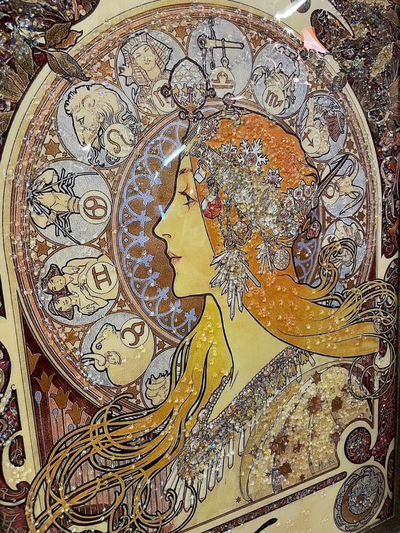 水晶絵　ミュシャ「黄道十二宮」Mucha　アートパネル　クリスタル　立体　絵画