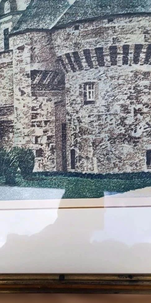 岡鹿之助　木版画　 城の風景画 　加藤版画研究所　サイン入り