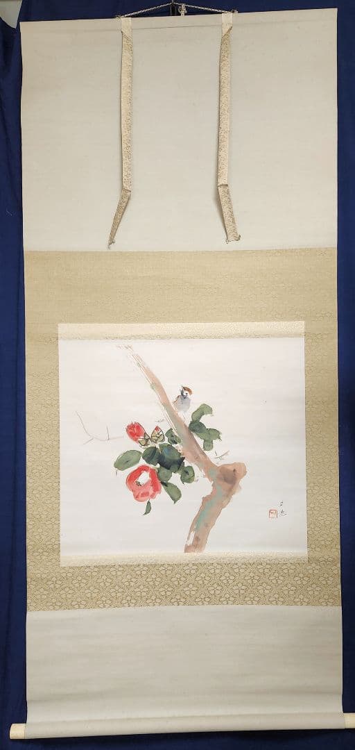 【紅椿図】東原方僊 2650 つばきに雀 共箱 掛け軸　肉筆