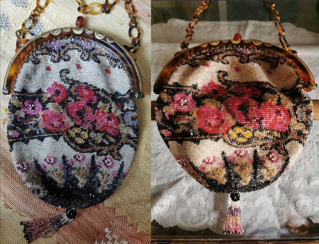 アンティーク マイクロベビービーズ花刺繍レース編巾着バッグ アールヌーボー