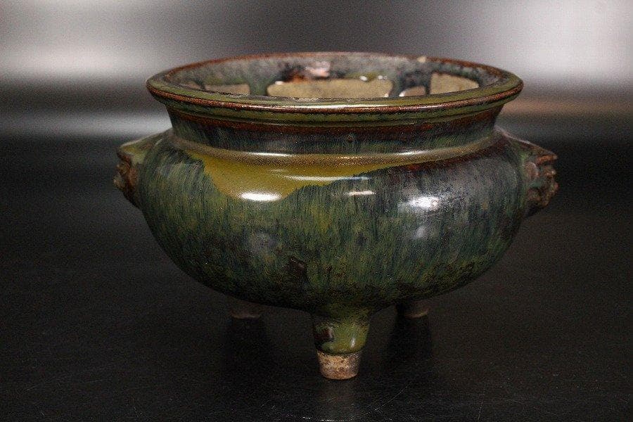 中国美術 窯變 海鼠釉 三足 獅子耳 香炉 明 旧家蔵出
