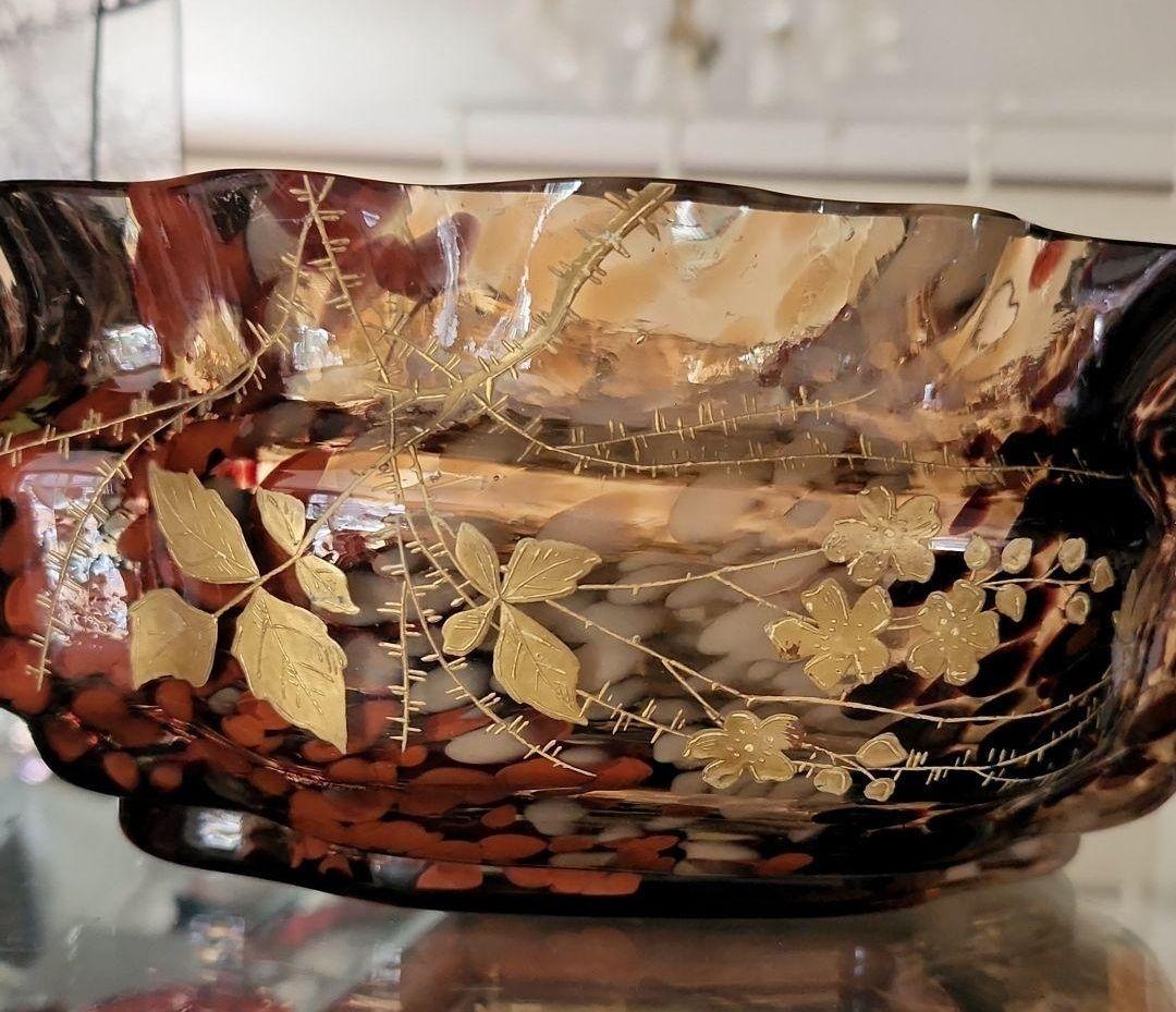 アールヌーボーガラス　吹雪紋金彩盛り薔薇エナメル画　最終値下げ