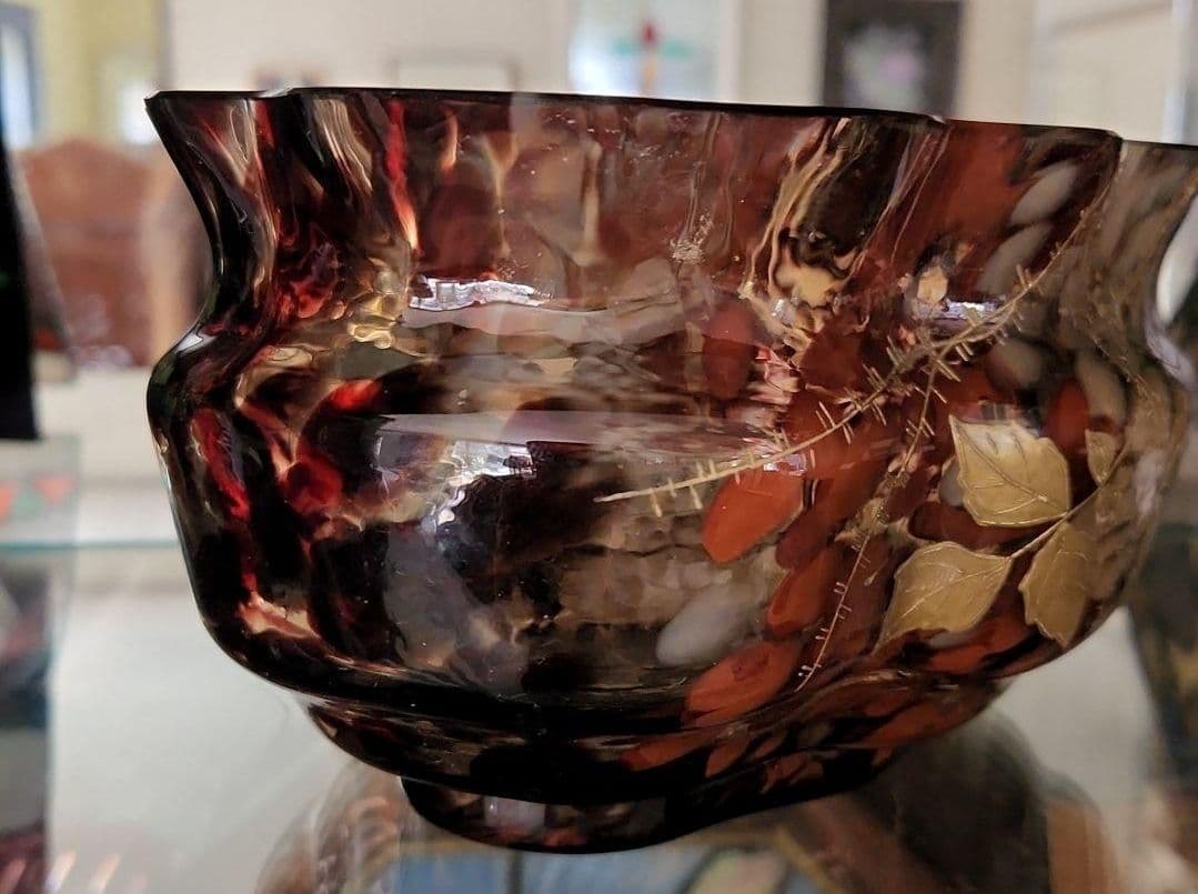 アールヌーボーガラス　吹雪紋金彩盛り薔薇エナメル画　最終値下げ