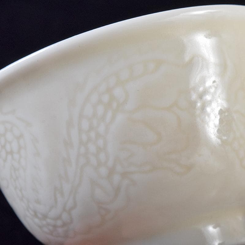 中国　徳化窯白磁　印刻　双龍文　煎茶碗　六客　V　8129E