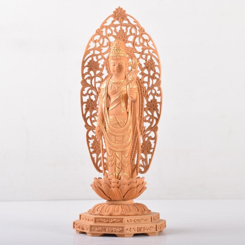 仏教美術　金彩柘植彫刻　聖観音菩薩像　仏像　置物　M　7073