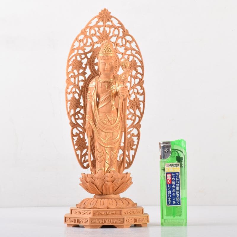 仏教美術　金彩柘植彫刻　聖観音菩薩像　仏像　置物　M　7073