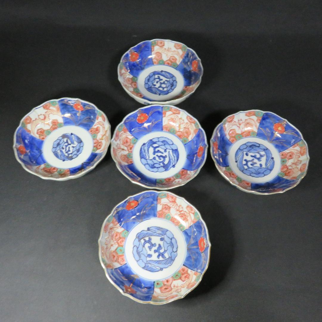 なます皿 5枚 金彩 色絵付 蝙蝠 コウモリ 窯 歪み 明治 大正