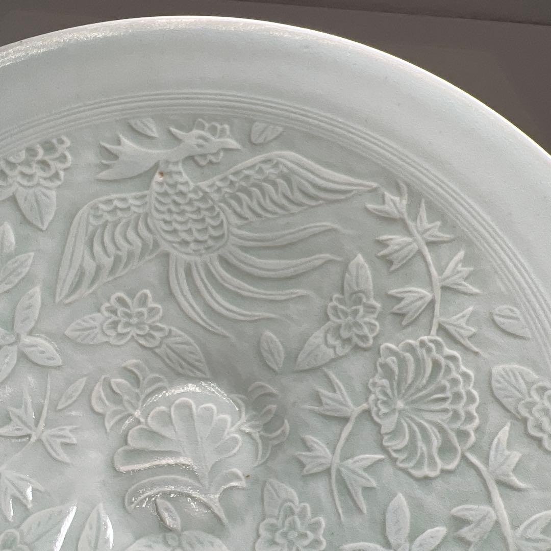 中国清朝時代　陽刻鳳凰文影青鉢　木箱　20.2㎝　東Y7-0702⭐︎2Fトコエサ