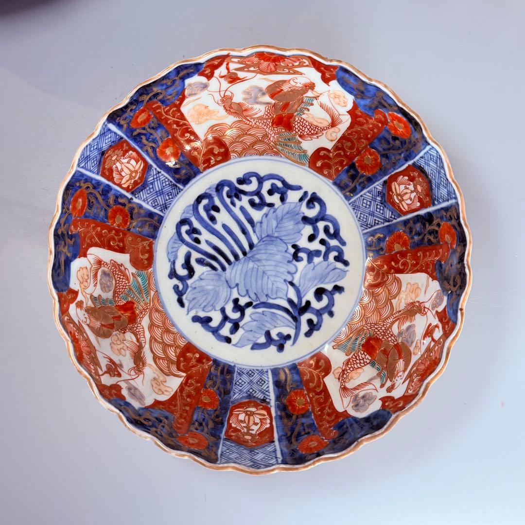 古伊万里　大聖寺伊万里　染錦三方龍仙人菊花型鉢　三ツ鉢揃い　黄仁覧図　特上品